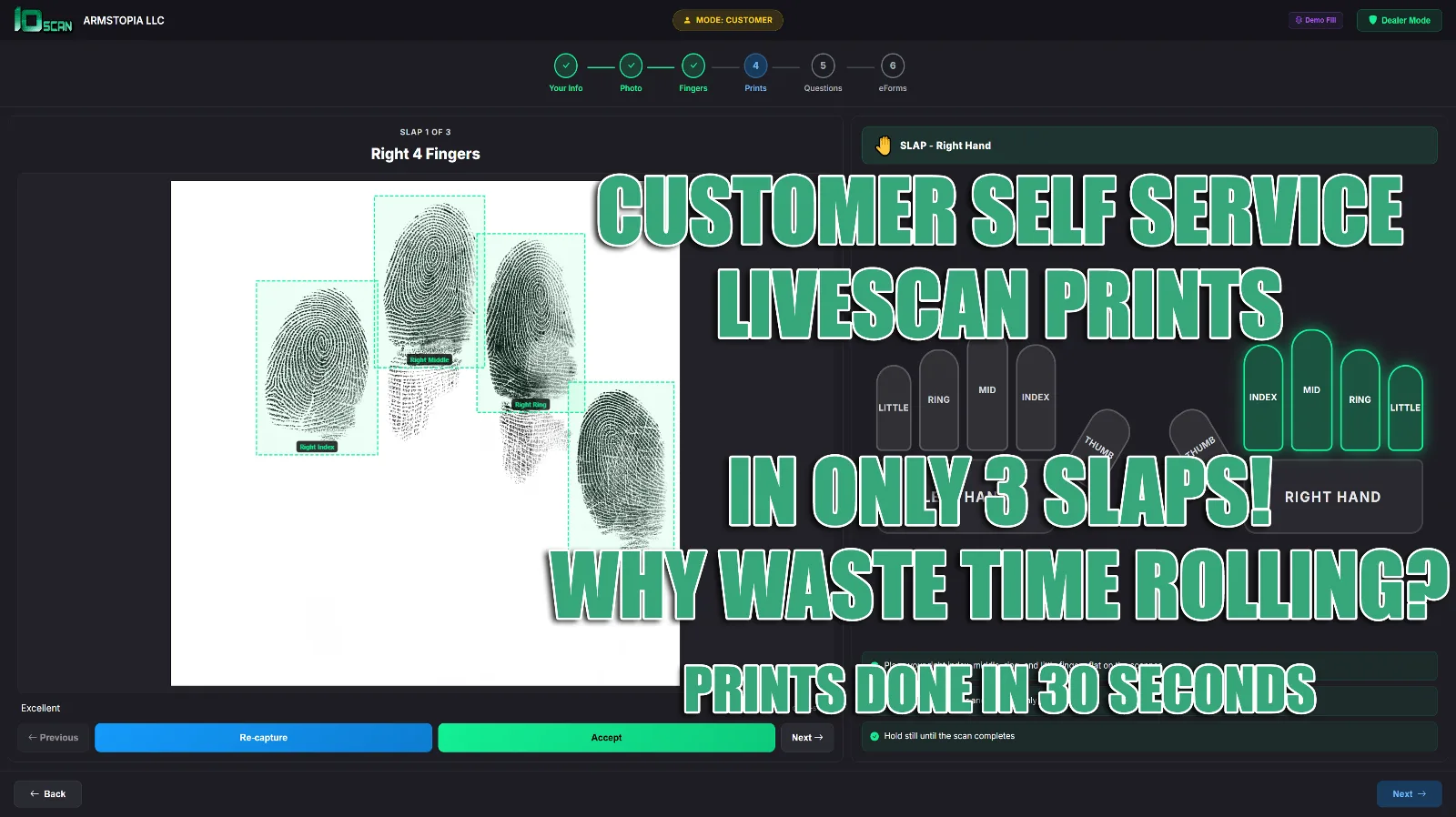 10Scan FBI-certified three-slap flat fingerprint capture - left hand, right hand, and thumbs