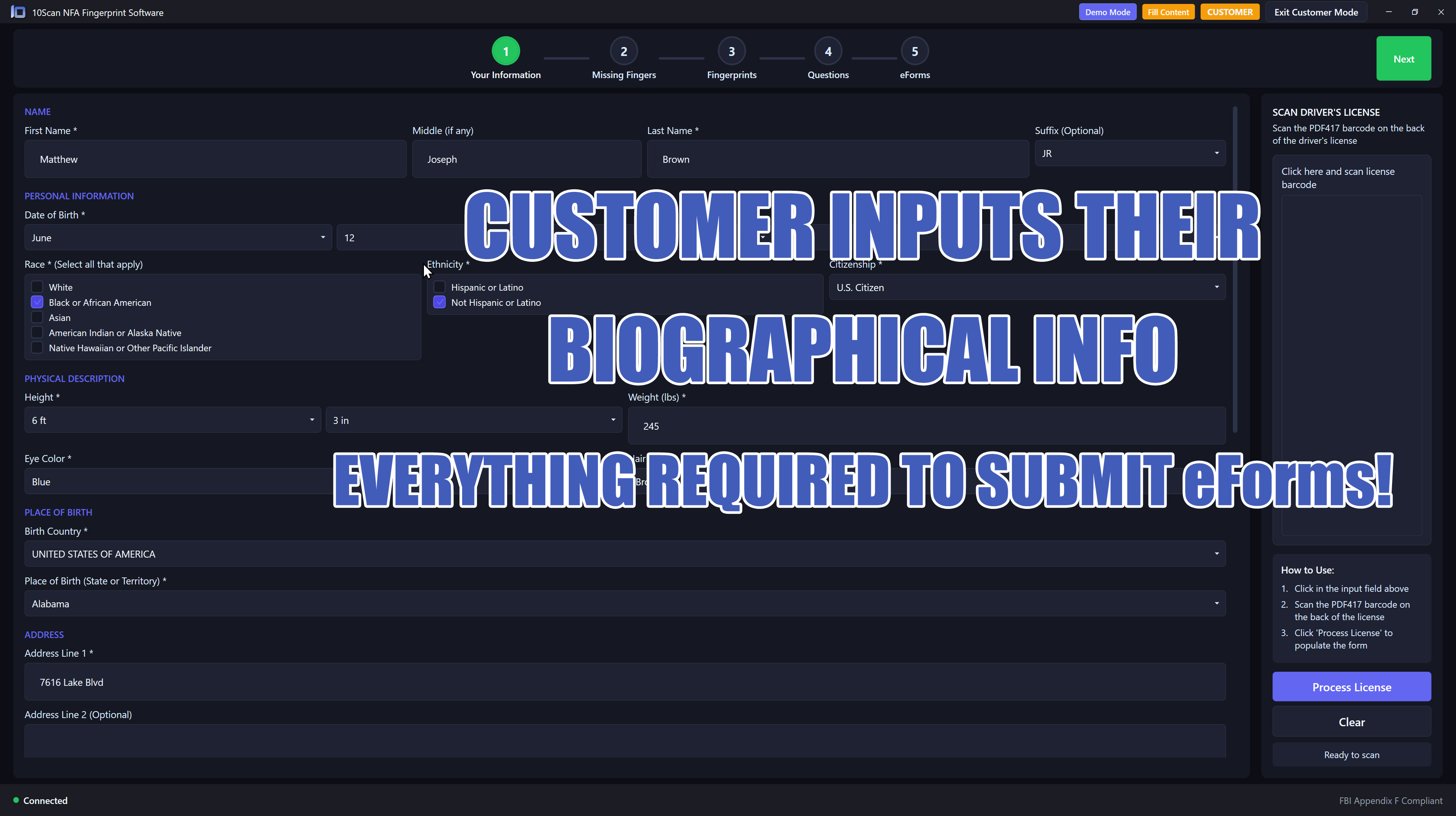 10Scan NFA self-service kiosk customer biographical information entry